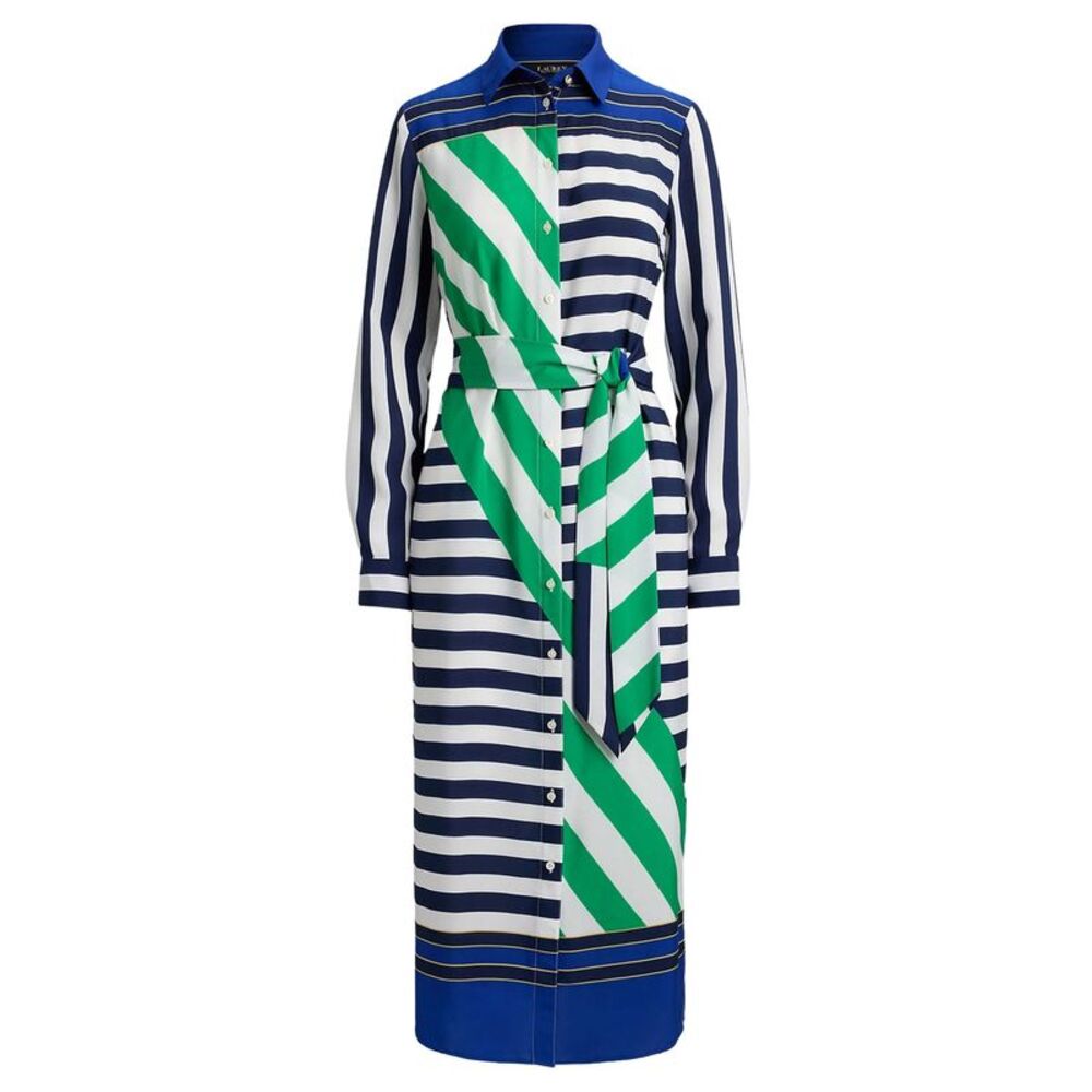 Lauren Ralph Lauren Womens Striped Crepe Shirtdress 10 Navy/White/Green - NWT